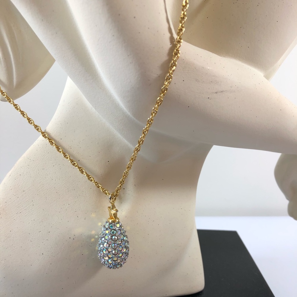 Tear Drop Pendant Necklace with Long Chain Gold-Tone Bejeweled Pendant